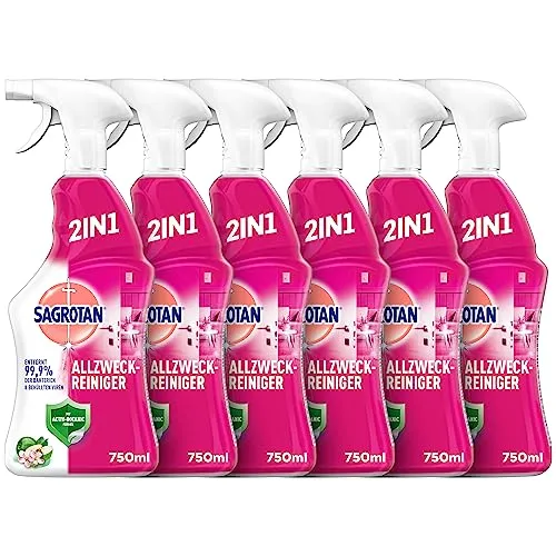 Sagrotan Allzweck-Reiniger – 2in1 Desinfektionsmittel für die zuverlässige Reinigung von Oberflächen – 6 x 750 ml Sprühflasche
