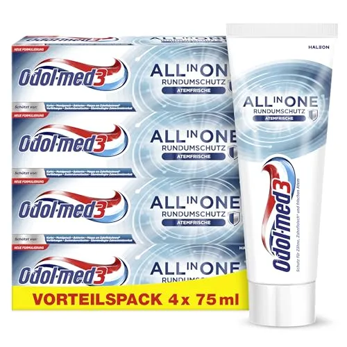 Odol-med3 All in One Rundumschutz, 4x75ml, Atemfrische Zahnpasta | Die Odol-med3 All in One Rundumschutz Atemfrische Zahnpasta reduziert bis zu 80% des Mundgeruchs**