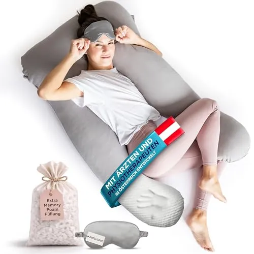 mimi kalu® Seitenschläferkissen mit Memory Foam Füllung Individuell Anpassbar, Inkl. 100% Soft Cotton Bezug & Schlafmaske, Schwangerschaftskissen, Stillkissen, Kuschelkissen für Seitenschläfer