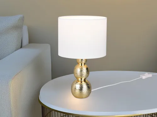 Designklassiker LED Tischlampe mit Keramikfuß Gold & Stoffschirm Weiß - Elegante LED Tischlampe mit Keramikfuß in Gold und weißem Stoffschirm. Ideal für stimmungsvolles Licht im Wohnraum. Stufenlos dimmbar für individuelle Beleuchtung.