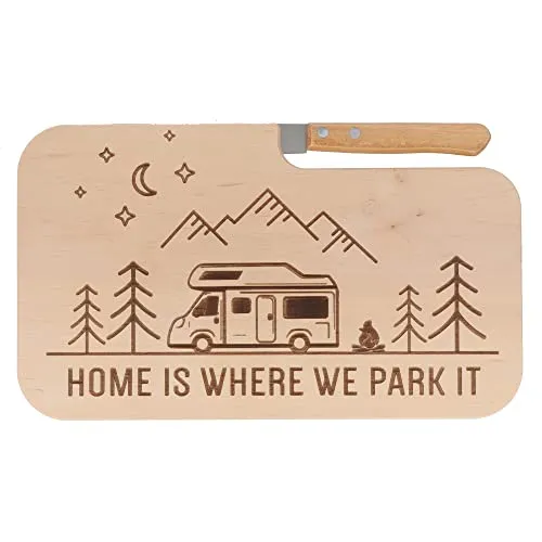 Spruchreif | Brotzeitbrett mit Messer | Frühstücksbrett mit Gravur | Holzbrett mit Messer | Outdoor Geschenk | Geschenk für Camper | Geschenk für Wanderer | Outdoor Frühstück| Home is where we park it