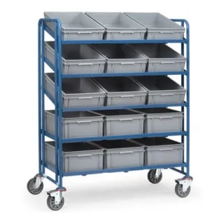 Fetra Eurokastenwagen 1398 mit 15 Eurokästen - Robuster Eurokastenwagen mit 5 Etagen und 400 kg Tragkraft. Ideal für Lager und Werkstätten, inklusive 15 Eurokästen für flexible Nutzung. Made in Germany.