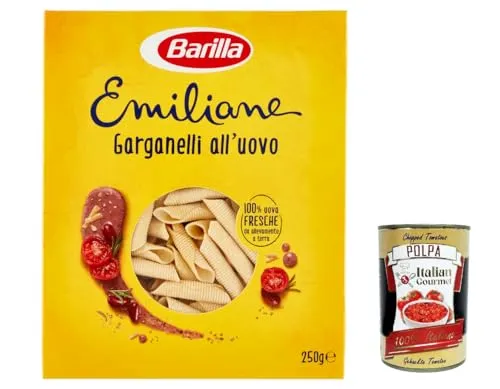 3x Barilla Pasta all' Uovo Le Emiliane Garganelli, Eiernudeln, Pasta mit Ei 250g + Italian Gourmet polpa 400g