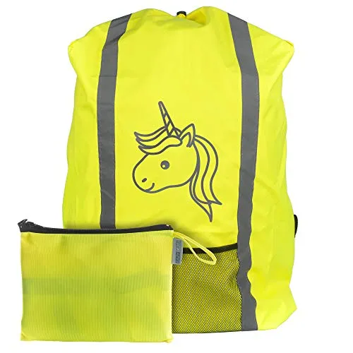 EAZY CASE Rucksack Schulranzen Regenschutz, Schutzhülle mit Reflektorstreifen, Regenüberzug, Regenschutzhülle wasserabweisend mit Reflektor und Tasche, mehr Sicherheit im Straßenverkehr, Einhorn Gelb