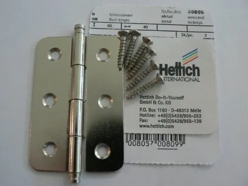 Hettich Stahlscharniere 40 x 60 mm mit Zierkopf und Schrauben