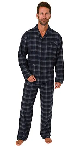Herren Flanell Pyjama Schlafanzug Langarm - Marine, Größe 50 - Kuscheliger Langarm Pyjama aus 100% Baumwolle, ideal für kalte Nächte. Mit praktischem Knopfverschluss und Tasche. Trocknergeeignet und 40 Grad waschbar – perfekt für entspannte Tage und Nächte.