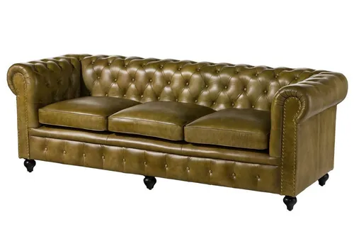 Massivmoebel24 Chesterfield Sofa - Sofa 3-Sitzer aus 100% Echtleder in Grün, mit klassischem Design, Nieten und bequemen Polstern für stilvolles Entspannen.