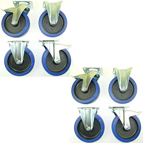 Satz 200mm Blue Wheels Lenkrollen mit Bremse/Feststellbremse + Bockrollen, Transportrollen Elastik Blau 350kg / Rad - INDUSTRIEQALITÄT (4x Brems + 4x Bock) 2