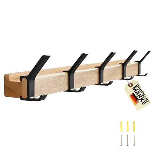 Novatta Garderobenleiste holz- Wandgarderobe als Hakenleiste mit 5 verschiebbare Kleiderhaken, Bilderleiste Holz- Garderobe wand, kleiderhaken garderobe, Jackenhalter wand.