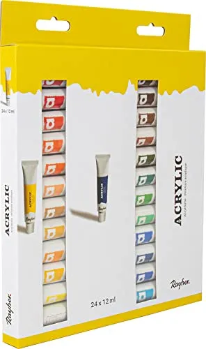 Rayher Hobby 38926000 Künstler-Acrylfarben-Set, 24 Farben, je Tube 12 ml, ideal für Keilrahmen, Papier, Pappe, Malkarton, Pappmaché, Holz, Stein, Beton, für Einsteiger und Profikünstler