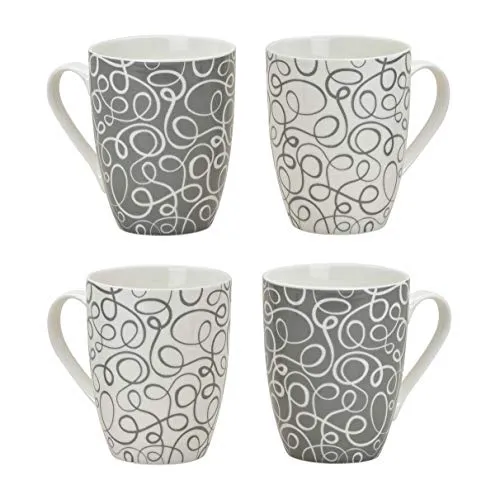 Spetebo Kaffeebecher RETRO im 4er Set - 300ml - 2x weiß / 2x grau - Kaffeetasse mit Muster groß Porzellan Becher mit Henkel