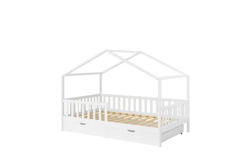 Bellabino Kinderbett Bia mit Rausfallschutz & Lattenrost (weiß, mit zwei Schubladen und Matratze), Kinderbett aus Kiefernholz, verfügbar in 80x160/90/120/140x200 cm