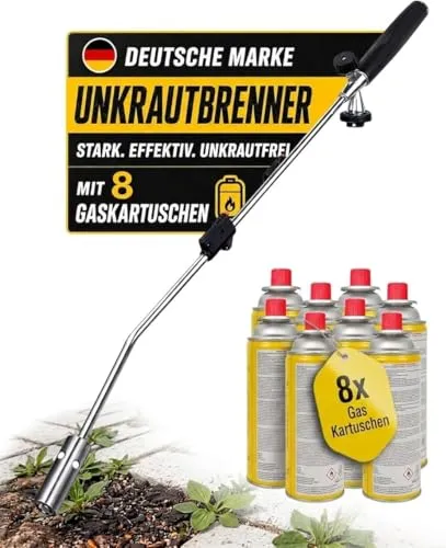 Fabona Unkrautbrenner mit Piezozündung – 1100° Abflammgerät für effektive Unkrautbekämpfung - Kraftvoller Unkrautbrenner mit 1100 Grad für die chemiefreie Bekämpfung von Unkraut. Ergonomisches Design und robuster Griff sorgen für angenehmes Arbeiten ohne Bücken. Inkl. 8 Gaskartuschen für sofortigen Einsatz.