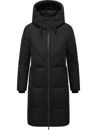 Navahoo Damen Langer Wintermantel warmer Steppmantel mit großer Kapuze und Fleece-gefütterten Kragen Kältekuschel XIV Black Gr. 4XL