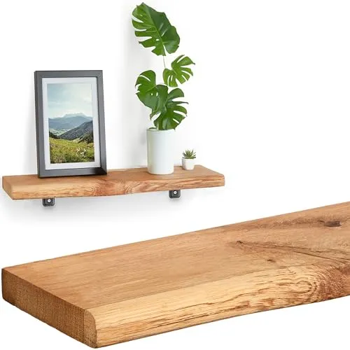 Villanord® Wandregal Eiche (40cm) | Massiv-Holz mit Baumkante | Rustikal mit Baumkante | Wandboard Regalbrett