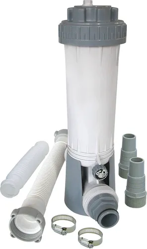Summer Fun Chlorspender - Poolzubehör für alle Chlortablettengrößen, kindersicher und reduziert chemischen Kontakt. Inkl. 2 Schlauchadaptern, einfache Dosierung außerhalb des Pools.