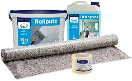 Plid® Rollputz innen & aussen fein Weiß matt [20kg Set] - atmungsaktiv hohe Deckkraft verarbeitungsfertig - Roll und Streichputz für aussen & innen grob & fein - Innenputz fertig - Putzfarbe innen