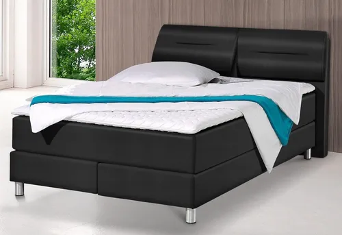 Boxspringbett MAINTAL, Schwarz, 140x200 cm - Polsterbett mit 7-Zonen-Tonnentaschen-Federkernmatratze und Kaltschaum-Topper für optimalen Liegekomfort, in pflegeleichtem Kunstleder oder Strukturstoff erhältlich.