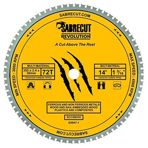 SabreCut SCCSM355_72 355mm 72T x 30mm 25,4mm 20mm 16mm Bohrung Multi-Material Metall Holz Kunststoff Kreissägeblatt kompatibel mit Bosch Dewalt Makita Milwaukee und vielen anderen 1 x