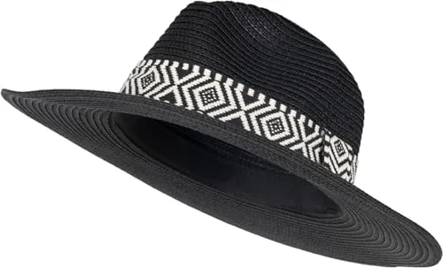 styleBREAKER Damen Panama Sonnenhut Einfarbig mit Stoff Hutband mit Azteken Muster, Strohhut, Schlapphut, Sommerhut, Fedora Hut 04025046, Farbe:Schwarz