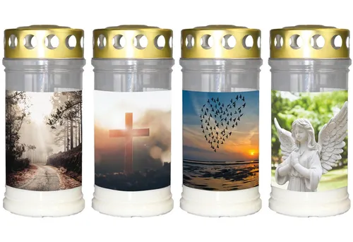 INNA-Glas Grabkerze SAVINA mit Motiv, 4 Stück, 17cm - Elegante Grabkerzen für ein stilvolles Andenken. Jedes Licht hat ein einzigartiges Design und brennt bis zu 96 Stunden. Ideal für die liebevolle Erinnerung.