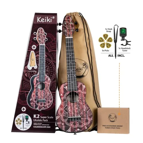 Ortega Guitars Sopran Ukulele rot - Keiki K2 Starterkit, inklusive Tuner, Gurt, 5 Plektren und Kordelzugtasche, ideal für Einsteiger und Reisen