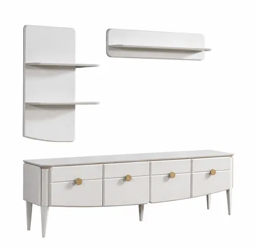 Moderne Wohnzimmer Wohnwand mit Designer TV Lowboard und Wandregalen - Stilvolle Wohnwand für das Wohnzimmer, aus hochwertigem Holz, mit 4 Schubladen und 3 Regalfächern. Ideal für eine elegante Raumgestaltung. Maße: TV Lowboard 200x47x60 cm, Wandregal 60x21x102 cm.