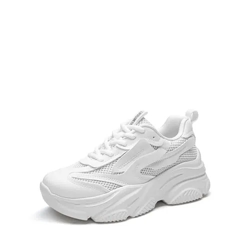 DREAM PAIRS Damen Sneakers mit Dicker Laufsohle & atmungsaktivem Material, feuchtigkeitsabsorbierende Einlegesohle für Tageskomfort,Size 41.5,Weiss,SDFN2406W