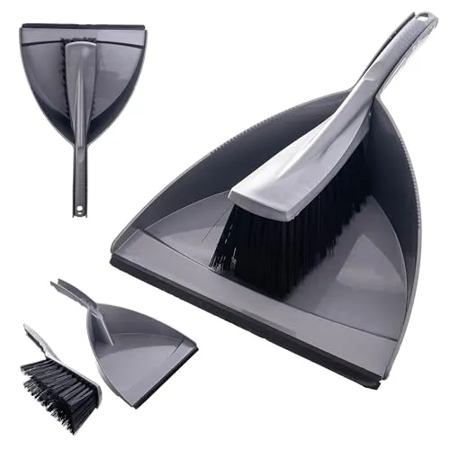 KADAX Handfeger und Schaufel mit Gummi, Kehrblech und Kehrbesen Set, Kehrschaufel mit Besen, Kehrgarnitur, Handkehrset, Kehrset (Silber)