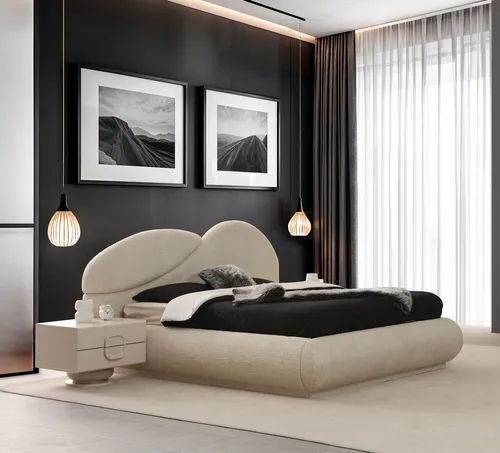 Elegantes 3-teiliges Schlafzimmer-Set für stilvolles Schlafen - Schlafzimmergarnitur für Erwachsene, bestehend aus Bett und 2 Nachttischen. Mit 4 Schubladen bietet sie praktischen Stauraum und überzeugt durch modernes Design in Beige.