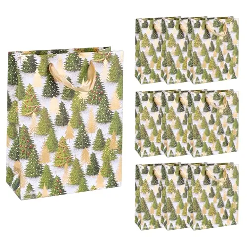 Idena 90397 - Geschenktaschen Tannenbaum, 10 Stück in Grün-Gold, Papiertüten in der Größe 23 x 18 x 8 cm, Geschenktüten für Weihnachten