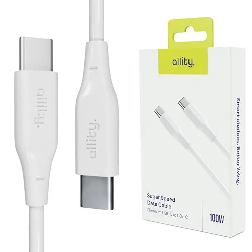 Allity USB C Kabel 100W 1m Ladekabel USB C - Schnellladekabel, Extrem, Widerstandsfähiges, USB-C Kabel, Mit Schneller, Datenübertragung, Weiß, Kabel für Samsung, Flexibel für Ladegeräte