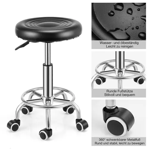 Höhenverstellbarer Drehhocker auf Rollen für Kosmetikstudios - Hocker & Barhocker: Gepolsterter Rollhocker in Schwarz, ideal für Kosmetikstudios und flexible Einsatzmöglichkeiten, höhenverstellbar von 45-59 cm.