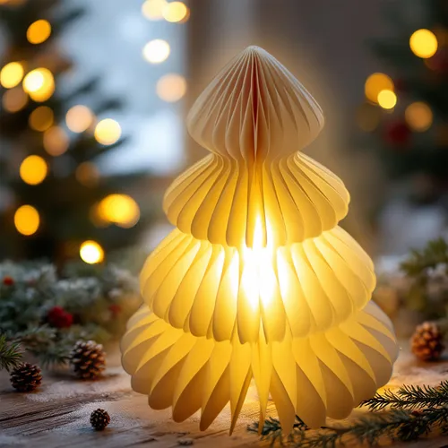 LED Papier Weihnachtsbaum 28 cm - Warm Weiß Beleuchtet mit Timer - Faltbarer Deko Weihnachtsbaum aus Papier, 28 cm hoch, mit warmweißer LED-Beleuchtung und Timer-Funktion für stimmungsvolles Ambiente. Ideal für platzsparende Aufbewahrung.