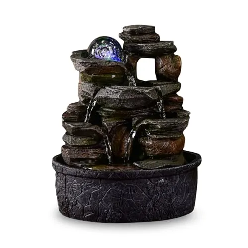 Zimmerbrunnen Wasserfall Natur Stein Rock Light Effekt Buntes Licht, Geschenkidee, Bewegte Innendekoration - Zen Tischbrunnen Entspannend, Feng Shui Objekt Glück, H 23cm - Satya Zen'Light