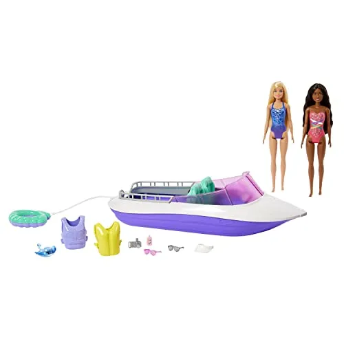 Barbie HHG60 - Meerjungfrauen Power Schnell-Boot mit 2 Puppen - Puppen-Spielzeug für Kinder ab 3 Jahren, inspiriert von Barbie Mermaid Power, mit einem eleganten Boot und vielfältigem Zubehör für kreative Wasserabenteuer.