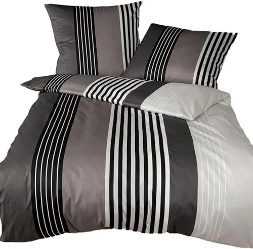 Janine Mako Satin Bettwäsche J.D. 155x200 cm + 80x80 cm schwarz-Taupe aus naturreiner gekämmter Mako Baumwolle