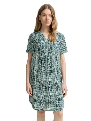 TOM TAILOR Damen Kleid 1046491 - Abstraktes Tel Green Grid Design - Freizeitkleid für Damen aus fließender Viskose mit V-Ausschnitt und Halbarm, ideal für einen komfortablen Look und perfekten Sitz.