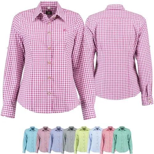 German Wear Trachtenbluse für Trachten Lederhosen Bluse Trachtenmode kariert, 44, Lila