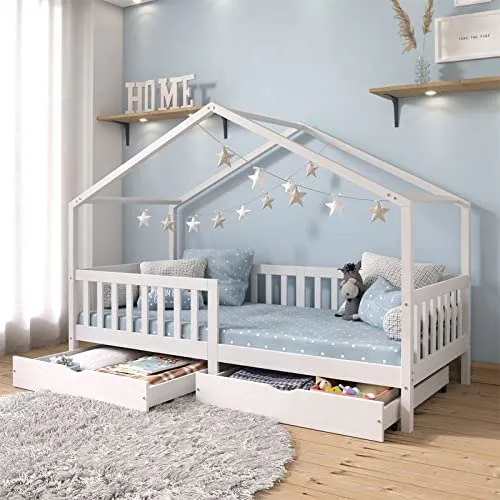 IDIMEX Kinderbett ELEA, Montessori Hausbett 90x200 cm mit Schubladen - Betten für Kinder: Das Hausbett ELEA aus massiver Kiefer bietet eine bodennahe Montessori-Konstruktion für selbstständiges Ein- und Aussteigen. Mit zwei geräumigen Schubladen für Spielzeug und eine sichere Rausfallschutz. Ideal für jedes Kinderzimmer!