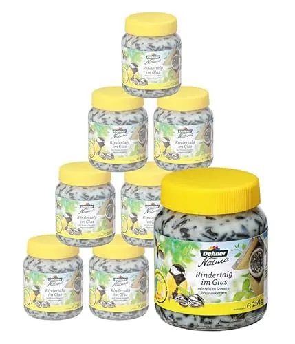Dehner Natura Premium Rindertalg mit Sonnenblumenkernen im Glas, 8 x 250 g - Energieträchtiges Wildvogelfutter im praktischen Glas – ideal für die Ganzjahresfütterung. Mit feinen Sonnenblumenkernen für zusätzlichen Knabberspaß und wertvolles tierisches Fett.
