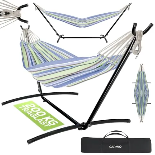 GARMIO® Hängematte gestreift blau-grün mit Stahlgestell von GARMIO