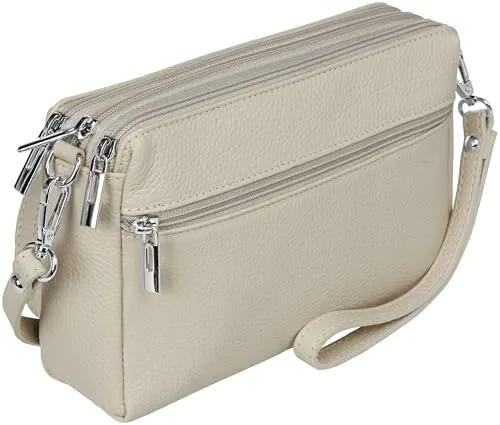 Caspar kleine Leder Umhängetasche Crossbody Bag elegante Damen Tasche mit 3 Fächern - CLASSIC LINE - Modell No.815 - Made in Italy, Farbe:beige