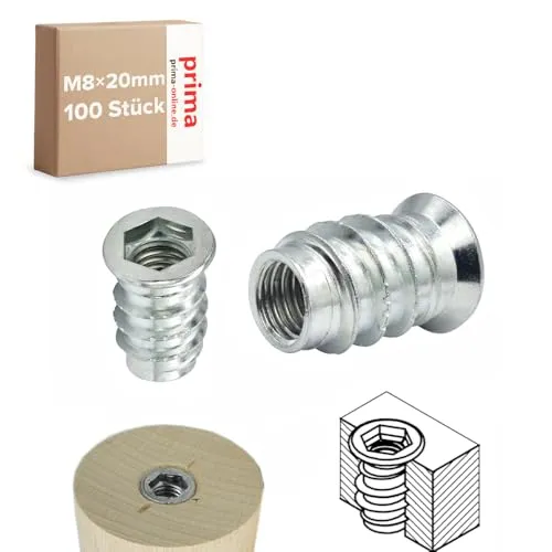 Einschraubmutter M8 x 20 mm – Einschraubmuffen/Eindrehmuffen aus verzinktem Stahl – Innengewinde für Holzbau & Möbelbau (100 Stück)