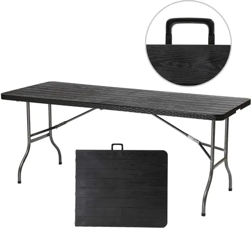 Sekey Klappbarer Buffettisch 181x75,5 cm - Rattan Optik für Garten und Camping - Picknicktisch für bis zu 8 Personen, tragbar und schnell aufbaubar. Stabiler Eisenrahmen, rutschfeste Füße und kindersicheres Design. Perfekt für Garten, Balkon und Ausflüge.
