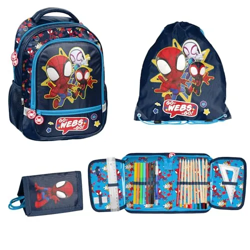 PASO Schulranzen Schulset Spidey (4-teiliges Set) - 4-teiliges Schulranzen Set mit Rucksack, Turnbeutel, befüllter Federmappe und Portemonnaie. Ideal für kleine Spidey-Fans mit ergonomischen Tragekomfort und viel Stauraum!