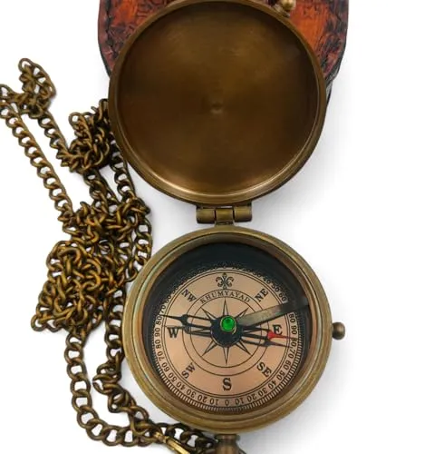 KHUMYAYAD Taschenkompass aus Messing, handgefertigt, voll funktionsfähig, antiker nautischer Kompass, gravierbarer Kompass, mit Lederetui.