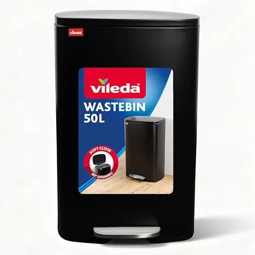 Vileda Mülleimer 50L Edelstahl Schwarz - Treteimer mit Soft-Close-Funktion - Eleganter 50L Edelstahl Mülleimer in Schwarz mit pflegeleichter Oberfläche. Der Treteimer bietet hygienisches Öffnen ohne Handkontakt und sanftes Schließen für eine ruhige Nutzung. Ideal für Küche und Büro.