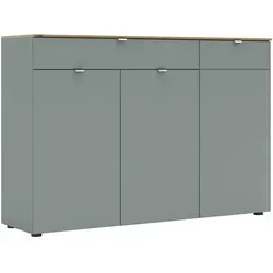 Schilfgrünes Metall-Sideboard mit 5 Fächern und 1 Schublade - Elegantes Sideboard in Schilfgrün aus Metall mit 5 Fächern und 1 praktischen Schublade. Ideal für das Wohnzimmer, bietet es Stauraum und stilvolle Akzente. Maße: 150x101x41 cm, erhältlich mit Typenauswahl und Beimöbel.