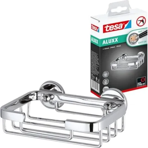 tesa ALUXX Seifenkorb - Rostfreier Aluminium Seifenkorb mit Klebelösung - Badezimmerzubehör mit sicherem Halt ohne Bohren dank tesa Power.Kit, elegantes Design und einfache Montage für viele Oberflächen.